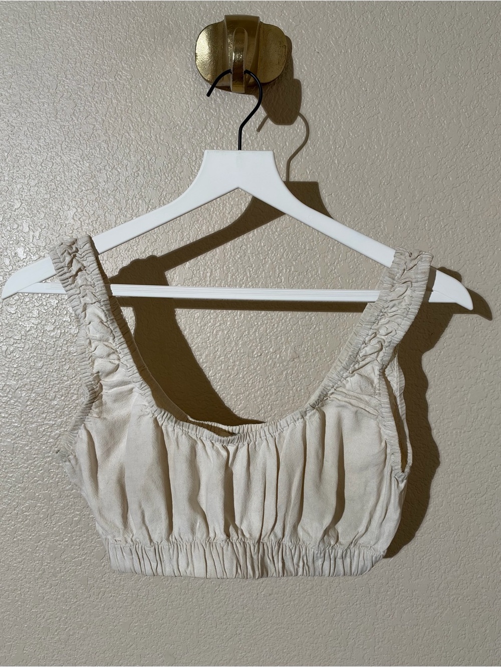OZMA Beige Ruched Strap Crop Top